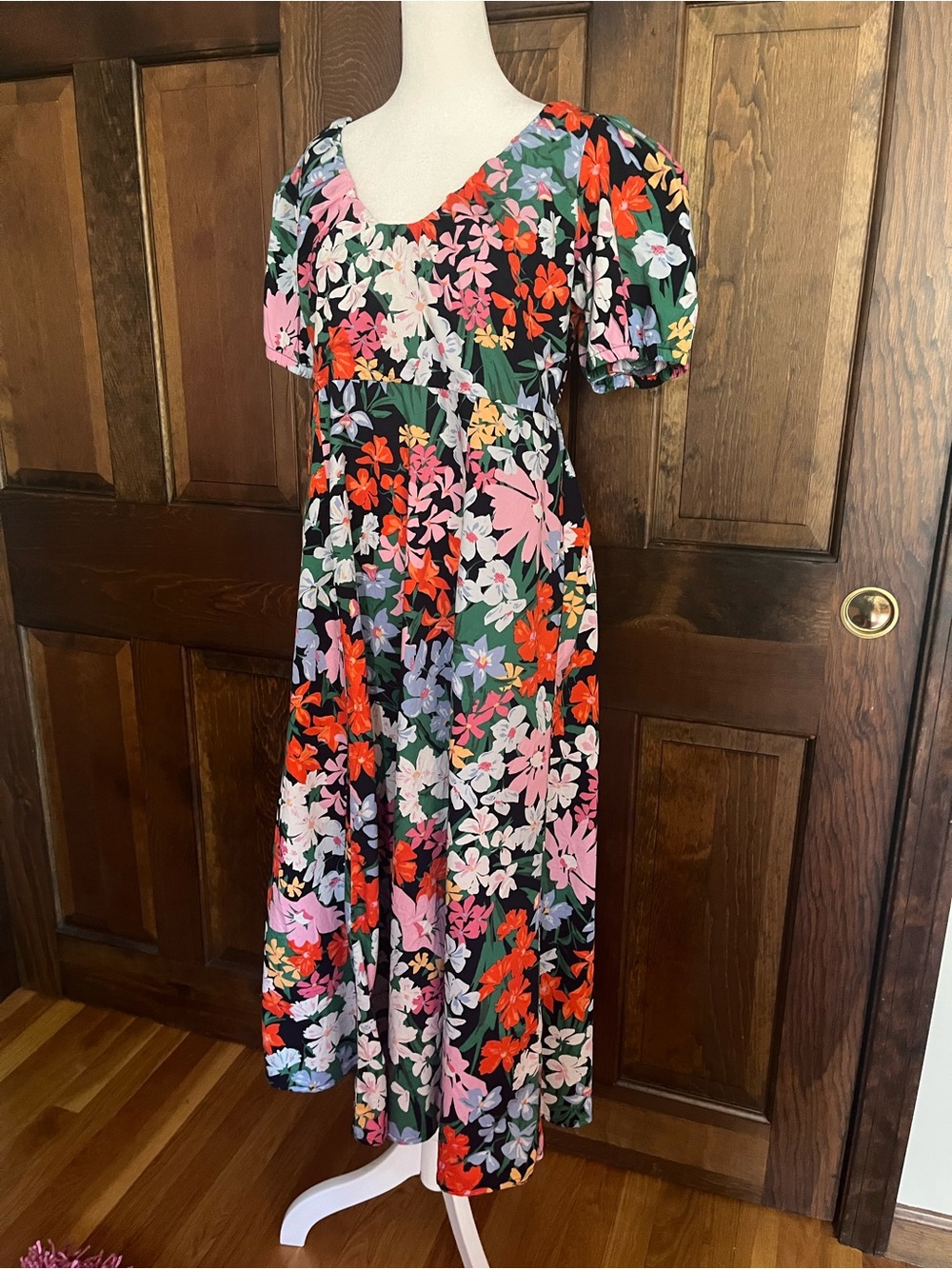 Old Navy Blue Floral Midi Dress with Pink, Red, White & Green Flowers